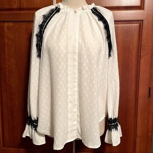 Elegant White Blouse with Black Lace Accents